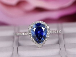 1.90 Ct Pear Simulated Blue Sapphire Engagement Halo Ring14k White Gold Plated - £112.62 GBP