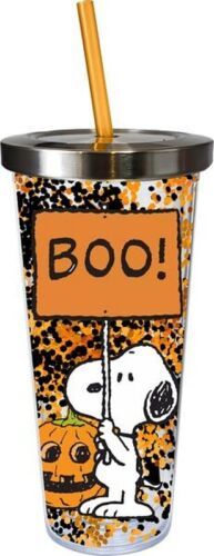 Peanuts Snoopy Jack-o'-Lantern & BOO! Sign 16 oz Glitter Travel Cup w/ Straw NEW - $14.50