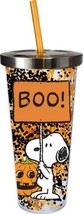 Peanuts Snoopy Jack-o&#39;-Lantern &amp; BOO! Sign 16 oz Glitter Travel Cup w/ S... - $14.50