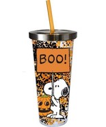 Peanuts Snoopy Jack-o&#39;-Lantern &amp; BOO! Sign 16 oz Glitter Travel Cup w/ S... - £11.40 GBP