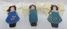 Vtg Folk Art Hand Painted Wooden Angel Faux pearl halos  Signed - £23.21 GBP