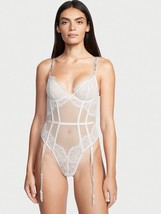 Nwt Victoria&#39;s Secret L Garter Teddy one-piece Bodysuit White Lace Shine Strap - £77.39 GBP