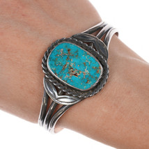 6 7/8&quot; c1940&#39;s Navajo stamped silver cuff bracelet with turquoise - £514.52 GBP