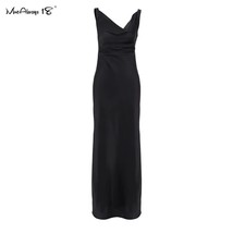 Mnealways18 Draped V-Neck Cly Evening Long Dress Women Black Satin Formal Dress  - £52.63 GBP
