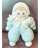 Russ Blue Doll Rattle Plush Printed Face White Lace Terrycloth Bonnet - $55.22 CAD