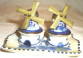 Vintage Miniature Windmill Porcelain Salt &amp; Pepper Shakers W/TRAY Delft Blue - £9.59 GBP