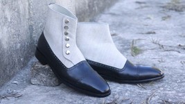 Handmade Men&#39;s Black Leather Cap Toe Button Boots, Men Dress Formal Boots - £127.86 GBP