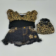 BAB Build a Bear Leopard Cheetah Print Outfit Denim Skirt Shirt Purse 3pc - £19.16 GBP
