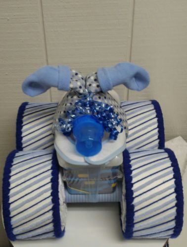 Royal Blue and Baby Blue Theme Baby Shower Four Wheeler Diaper Cake Centerpiece