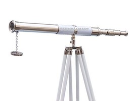 Nautical Floor Standing Chrome White Leather Admiral Telescope 60&quot;  - £179.13 GBP