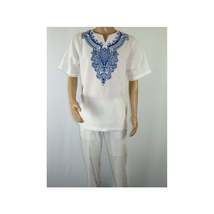 Mens 2pc Stacy Adams leisure suit Linen Cotton With Embroidery 3670 White Blue image 4