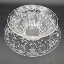 Vintage New Martinsville/Viking Prelude Etch Glass Serving Bowl &amp; Underp... - £15.49 GBP