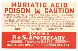 Vintage Label MURIATIC ACID Poison Caution Skull Bones P&amp;S Apothecary Pensacola - £20.23 GBP