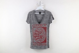 Obey Propaganda Womens Medium Spell Out Camouflage Sheer V-Neck T-Shirt Gray - £25.86 GBP