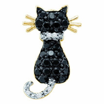 10k Yellow Gold Round Black Color Enhanced Diamond Kitty Cat Feline Pendant 1/3 - £189.58 GBP