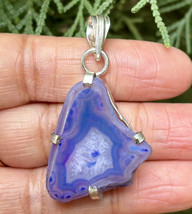 Pendentif pierre agate géode druzy bleu indigo plaqué argent sterling 925 3 - £10.50 GBP