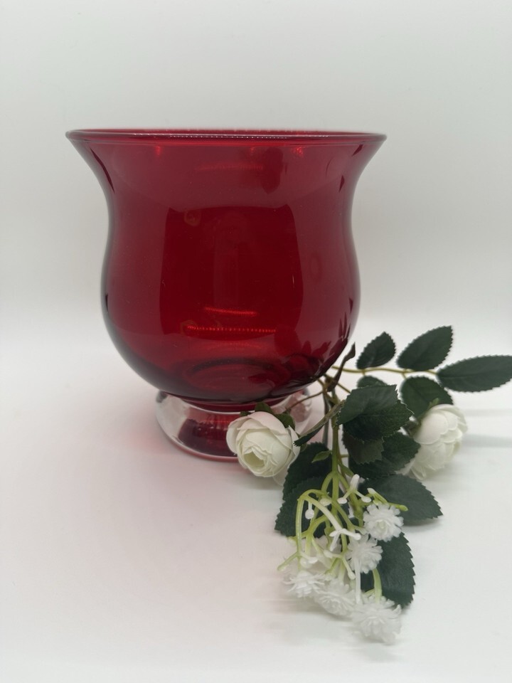 Crate &amp; Barrel Minuet Red Glass Hurricane Vase 5.5” Italy Candle Holder - $24.20
