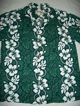 Ky&#39;s Hibiscus Flowers Leaves Leis Green Teal Hawaiian Short Sleeve Shirt... - £35.40 GBP