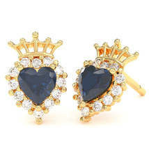 Lab-Created Sapphire Diamond Claddagh Motive Stud Earrings in 14k Yellow Gold - £312.69 GBP