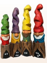 Wood Carved Garden Figurine Gnome&#39;s Sitting on Logs - Hand Carved Caricature Fig - £22.29 GBP