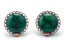 Vintage Signed Matisse Green Black Ceramic Clip On Copper Button Earrings - £34.25 GBP