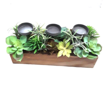 Succulent Wooden Planter Box Natural Wood Three Candle Holders - $19.47