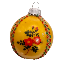 VTG Christmas Ball West Germany Glass Ornament Hand Painted Flowers Ribbon Trim - £27.47 GBP