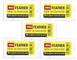 50 Feather (Yellow Label) Razor Blades Platinum Coated NEW Hi-Stainless  - £19.97 GBP