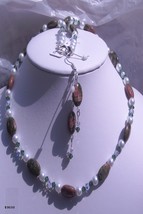 47411S - Necklace &amp; Earrings Set - Unakite Gemstone Swarovski Crystals - £71.85 GBP