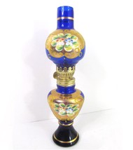 VTG Bohemian Cobalt Blue Glass Oil Lamp Hand Painted Gold Flower Dabs Japan 10&quot; - £34.99 GBP