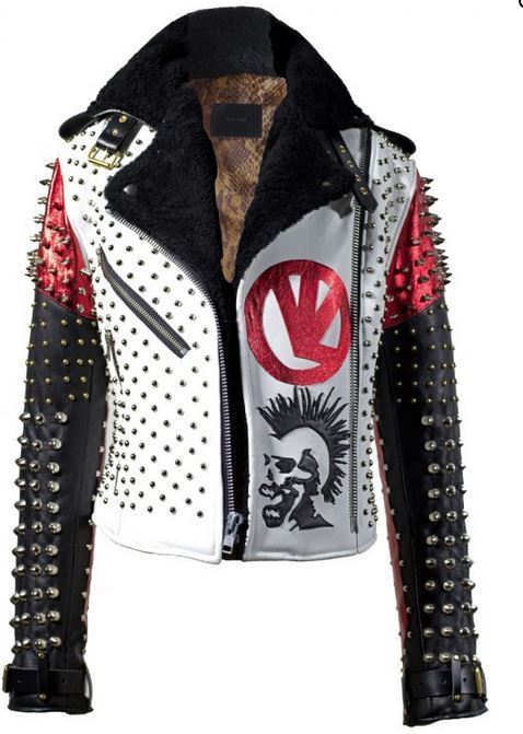 Men Handmade Victor Luna White Black Studded Leather Jacket, Men Fashion Jacket