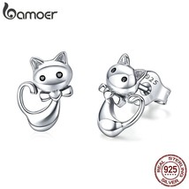 BAMOER Cat Collection 925 Silver Sticky Cat Animal Small Stud Earrings for Women - £16.10 GBP