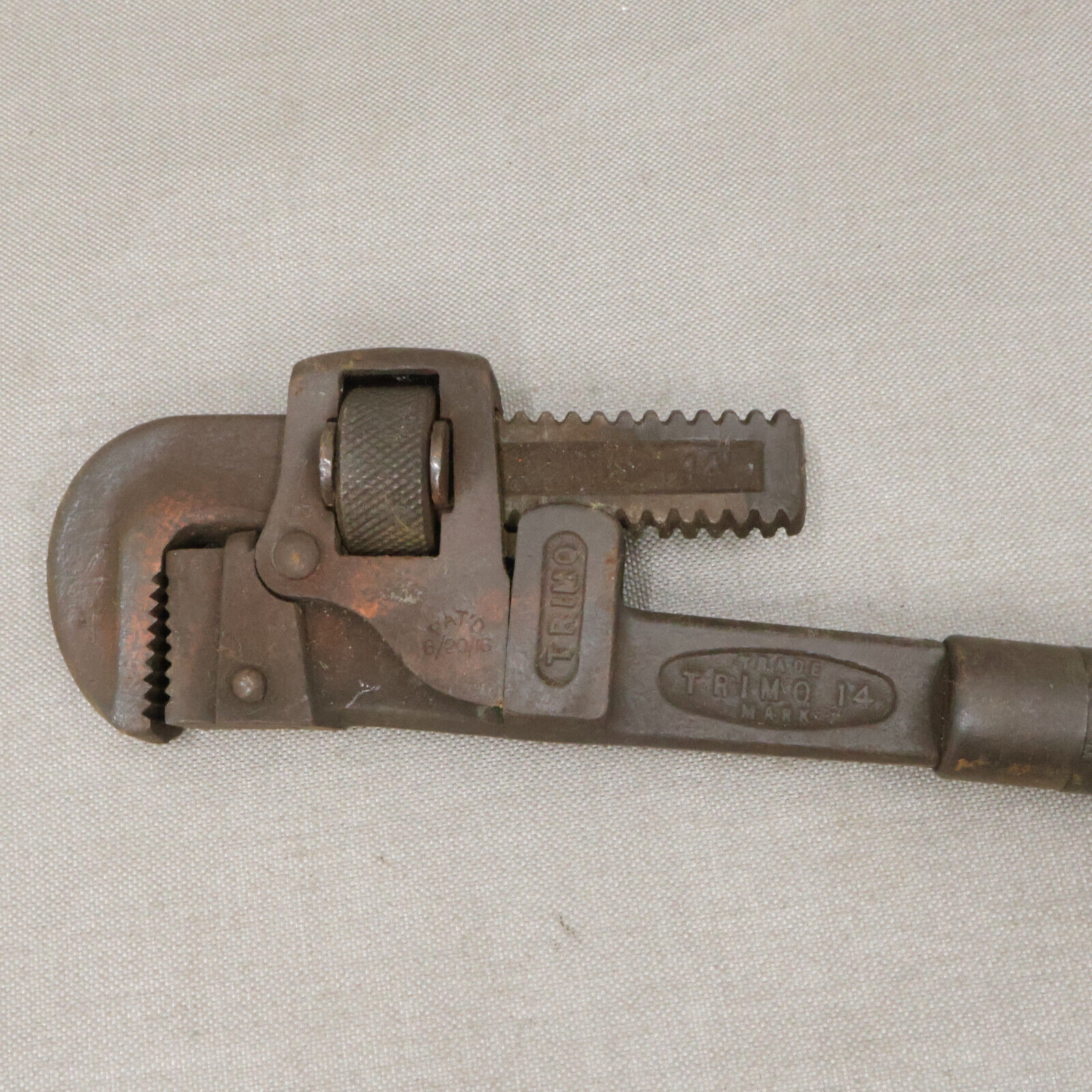 Primary image for Vtg Trimo 14 Forged Pipe Wrench with Wood Handle 3in Jaw Rustic Blacksmith Tool