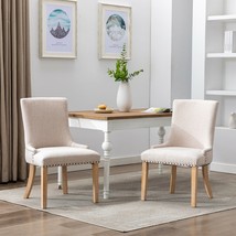 Set of 2 Fabric Dining Chairs Leisure Padded Chairs with Rubber Wood Legs, Beige - £189.63 GBP