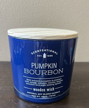 Scentsational Pumpkin Bourbon Candle Blue Glass Jar 26oz Wood Wick Soy Wax New - £29.39 GBP