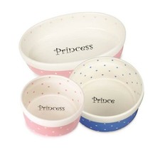 50&#39;s Style Ceramic Polka Dot Dishes for Dogs &amp; Cats Prince Princess Food Bowls - £18.48 GBP+