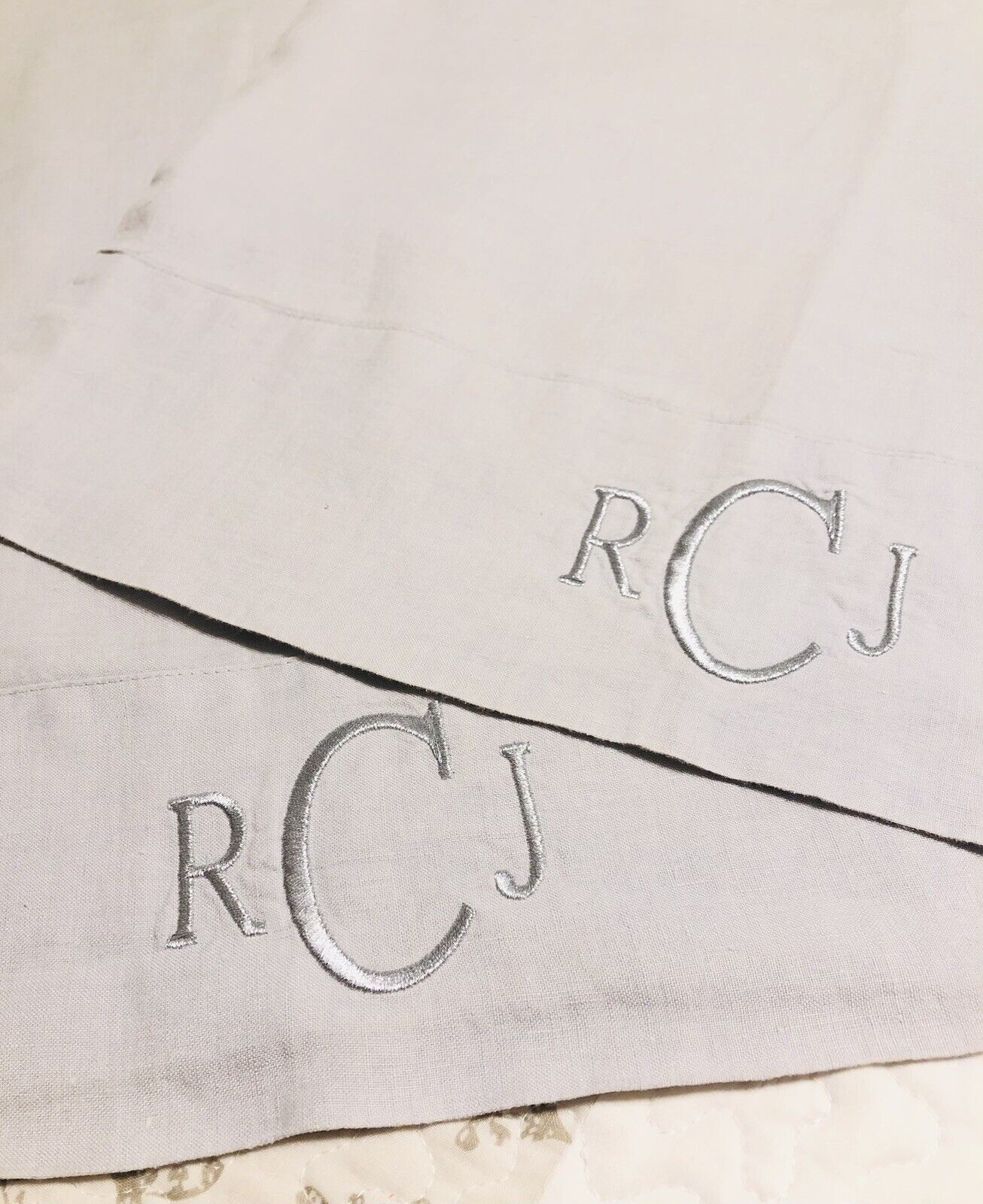 Restoration Hardware King Pillowcases Belgian Linen Stonewashed Gray Monogram - $44.88