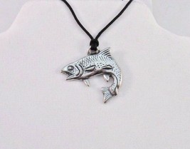 Trout Fish Pendant Lead free Safe Pewter 1.25&quot; Corded Made in USA Eco Smart - £7.79 GBP