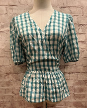 Loft Blouse SMALL Green Wrap Front Gingham Check Top Short Bell Sleeve Peplum - £25.17 GBP