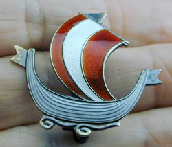 Aksel Holmsen Norway Sterling Guilloche Enamel Viking Ship Pin - £35.98 GBP