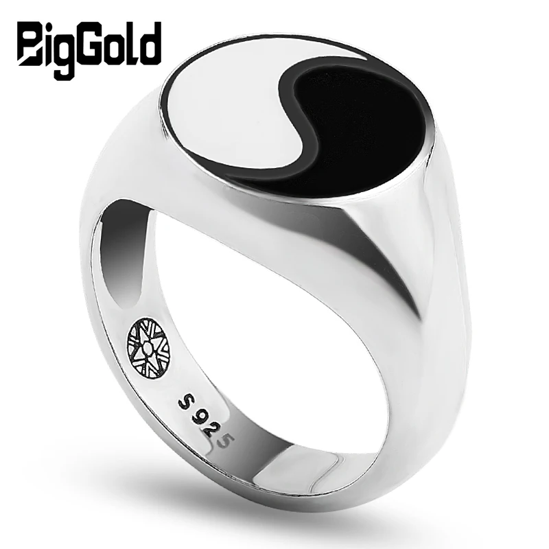Tai chi Yin Yang Gossip Ring Epoxy Rings Men Antique 925 Sterling Silver Finger  - £38.65 GBP