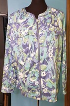D &amp; Co Womens Jacket Size Large Periwinkle Aqua Floral Zip Front Cotton ... - £16.72 GBP