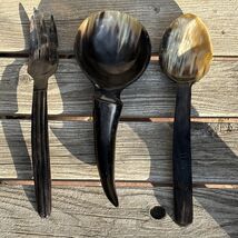 Vintage Hand Carved Horn Spoons Fork Lot of 3 Large Ladle Bovine Horn Ca... - $35.50