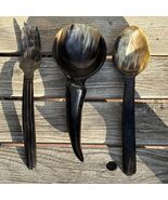 Vintage Hand Carved Horn Spoons Fork Lot of 3 Large Ladle Bovine Horn Ca... - $35.50
