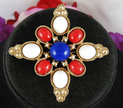 Sarah Coventry Vintage Americana Brooch Red White Blue Cabs Cross Pin Goldtone - £15.81 GBP