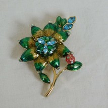 Monet Enamel &amp; Rhinestone Flower w/Ladybug Vintage Pin Brooch Signed Gold Tone - £30.93 GBP