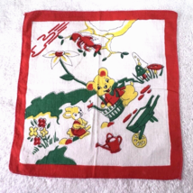 Vintage Childrens Hankie Teddy Bear Bunny Spotted Mushrooms Garden 7 5/8 - $9.89