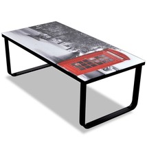 Coffee Table Black with Telephone Booth Print Tempered Glass, Iron - $115.49