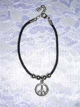 ROUND PEACE SIGN BLACK CORD USA CAST PEWTER CHARM BRACELET 6.5&quot; - 8.5&quot; - $110.27 MXN