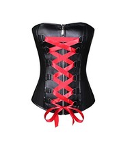 Black Faux Leather Red Satin Lace Goth Steampunk Corset Waist Training Overbust - £50.07 GBP